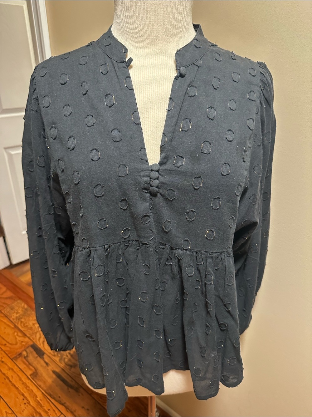 Oliphant Black Textured Dot Peplum Tunic